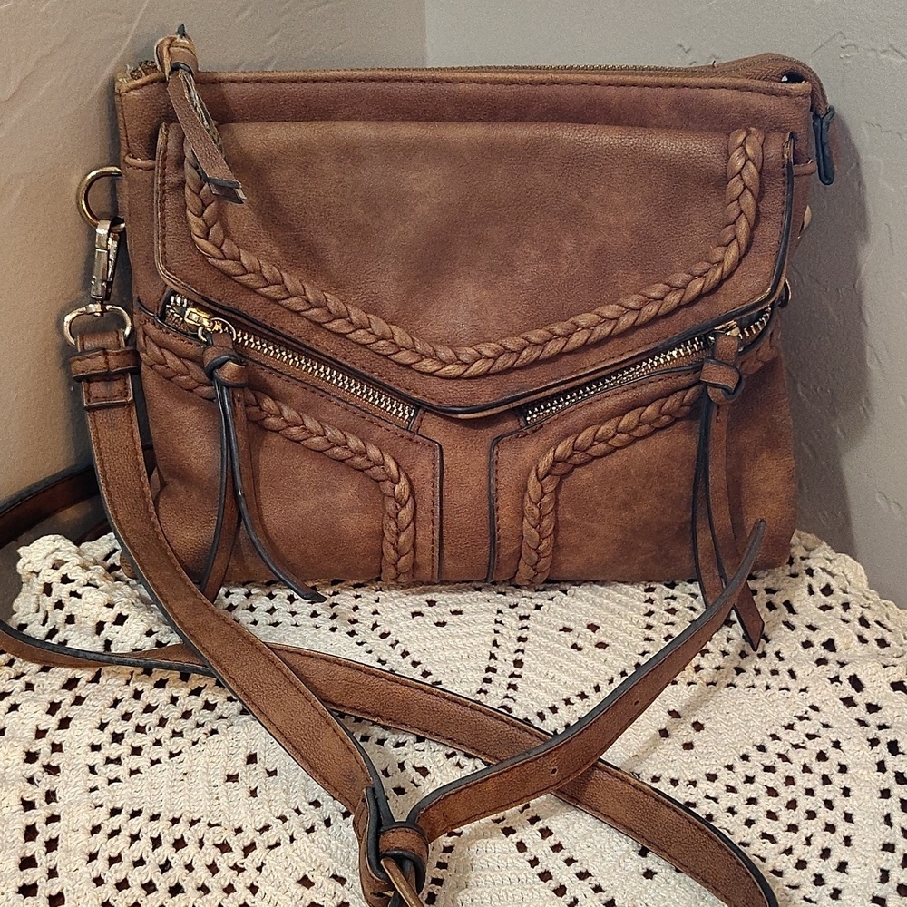 Altar’d State Crossbody Handbag Whipstitch Brown 10 X 8
